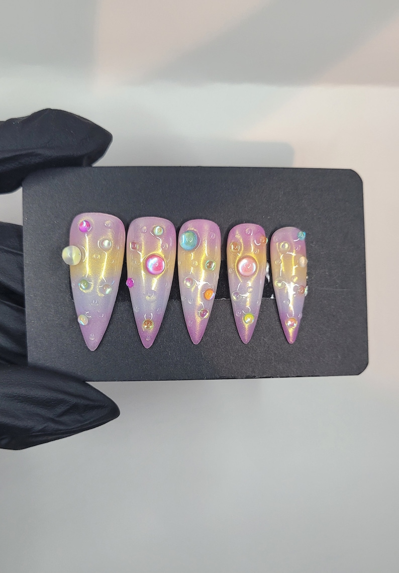 Aurora press on nails Handmade ombre press on durable nails Customizable spring nail Bubble summer false nails image 3