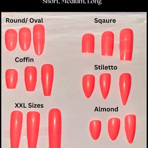 May include: A chart showing different nail shapes and sizes. The shapes include round/oval, coffin, square, stiletto, and almond. The sizes are short, medium, and long. The nails are a bright pink color.