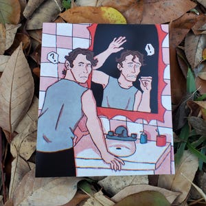 May include: An illustration depicts a person in a bathroom, looking in a mirror. The person is wearing a gray tank top and is brushing their teeth. The mirror shows a reflection of the person with an exclamation point above their head. A question mark is above the person's head.