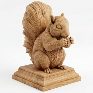 May include: A wooden sculpture of a squirrel, intricately carved and holding a nut. The squirrel sits on a wooden base, displaying detailed fur and features. The sculpture has a natural, rustic aesthetic, perfect for home decor.
