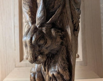 Houten consolebeugel in konijnenkopvorm met antieke patina afwerking