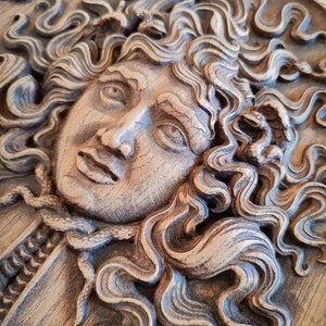 May include: A detailed, carved wooden relief depicting a classical face with flowing hair and snakes. The artwork is in shades of brown and gray, with intricate details in the hair and facial features. The relief is mounted on a wooden panel.