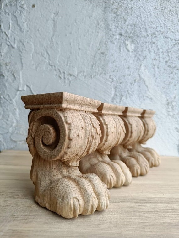 Set 4 Gambe In Legno Massello Con Intaglio Floreale – Stile Europeo, A Zampa, Per Divani, Panche E Cassettiere, Carico Elevato