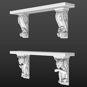 May include: Two white decorative wall shelves. The top shelf has ornate scrollwork and leaf designs. The bottom shelf features cat sculptures as supports. The shelves are made of a solid, opaque material and are set against a dark background.