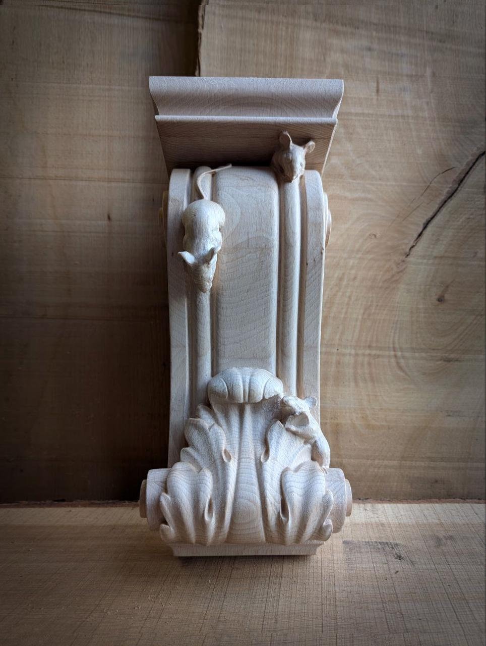Wooden corbel with acanthus and field mice. The price is for one piece.