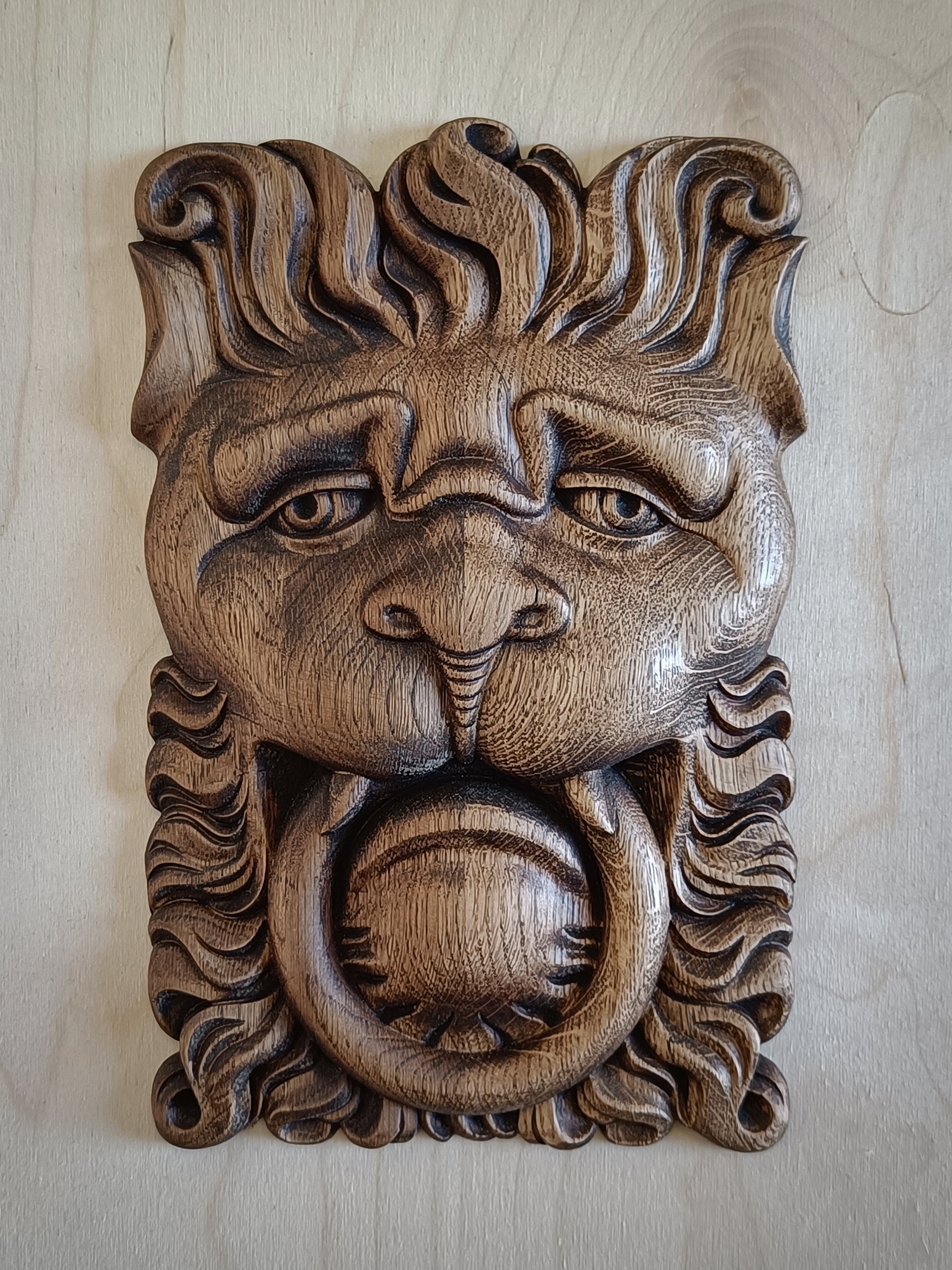 Lion-head Relief Panel in Solid Oak With Aged Patina. - Etsy