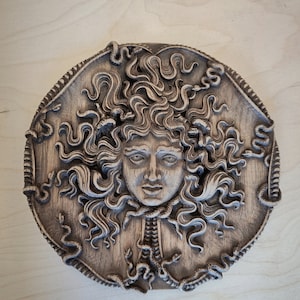 May include: A circular, wooden relief carving of Medusa's face, featuring detailed snakes in her hair and around her neck. The carving is in shades of brown and gray, with intricate details and a textured surface. The artwork is mounted on a light-colored wooden background.