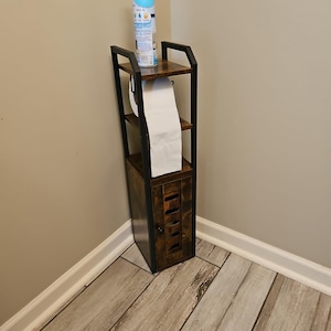 Rustic Wood Toilet Paper Holder with 4 Wheels | Bathroom Storage Cabinet | Bathroom Organizer with Adjustable Shelf | Toilet Tissue Holder