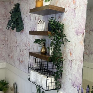 Rustic Wood Bathroom Floating Shelves With Large Basket – Over Toilet Storage, Rustic Farmhouse Decor, Small Wood Shelf Set of 3 (15.7 inch)