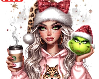Boujee Grinch Png, Cute Girl Grinch, Cheetah Print, Christmas Png, Gring Png, Super cute Grinch Png