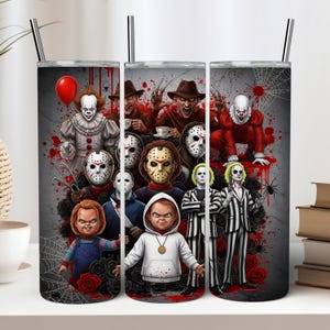 Horror movie characters, scary halloween 20 oz skinny tumbler wrap, Killer friend Halloween png, Scary movie png, tumbler sublimation design