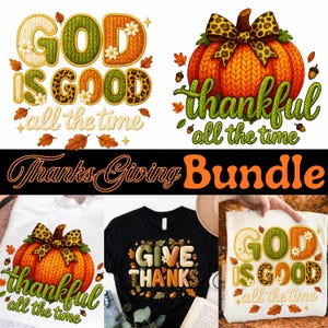 Peut inclure: Ensemble de Thanksgiving avec des motifs portant les inscriptions "Dieu est bon" et "Reconnaissant tout le temps". Les motifs comprennent une citrouille avec un nœud léopard, des feuilles d'automne et les mots "Remerciez".