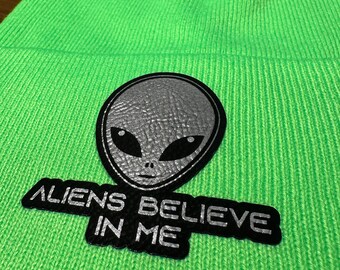 Aliens Believe in Me Beanie Green Silver and Black