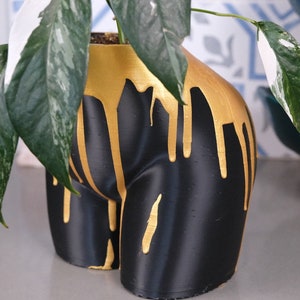 Könnte beinhalten: Ein schwarzer und goldener Keramiktopf in Form einer menschlichen Figur. Der Topf hat ein goldfarbenes Tropfdesign und ist mit einer grünen Pflanze mit weißen Flecken gefüllt.