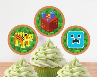 Green Pixel Cupcake Toppers: 12 Printable Game Theme Decorations (Digital Download)