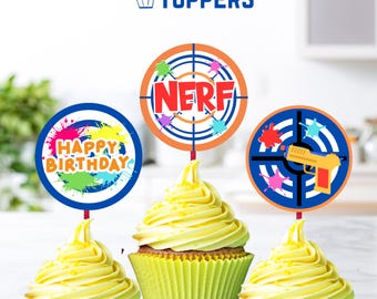 Nerf Party Cupcake Toppers: 12 Printable Dart Theme Decorations (Digital Download)