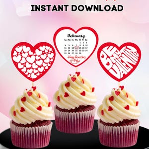 Red Heart Valentines Cupcake Toppers: Printable Party Decor (Digital File)