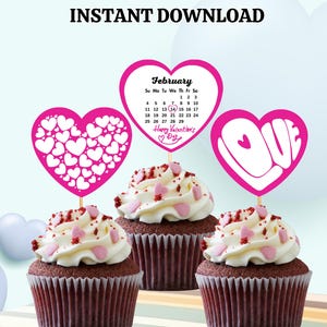 バレンタイン カップケーキ トッパー、即時ダウンロード、ピンク ハート カップケーキ トッパー、バレンタイン デー カップケーキ トッパー、印刷可能、デジタル ファイル