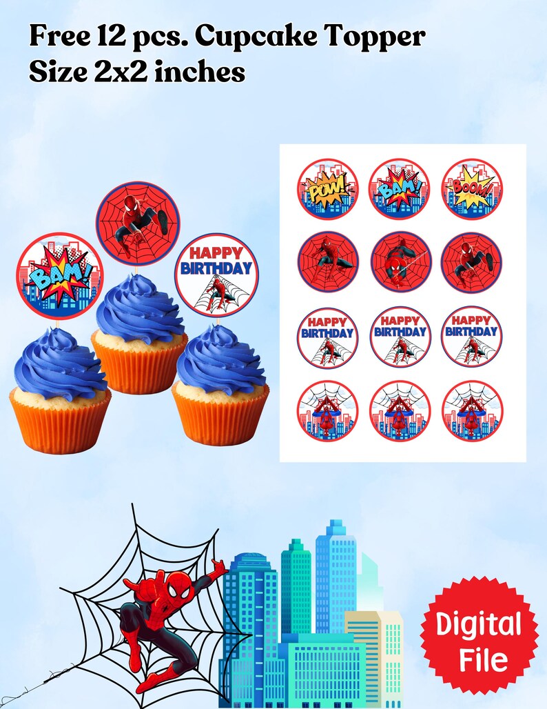 K&ouml;nnte beinhalten: Zw&ouml;lf bedruckbare Cupcake-Topper im Spiderman-Design mit einer Gr&ouml;&szlig;e von 5x5 cm. Die Topper zeigen Bilder von Spiderman, seinem Netz und S&auml;tze wie "Happy Birthday" und "Boom!"
