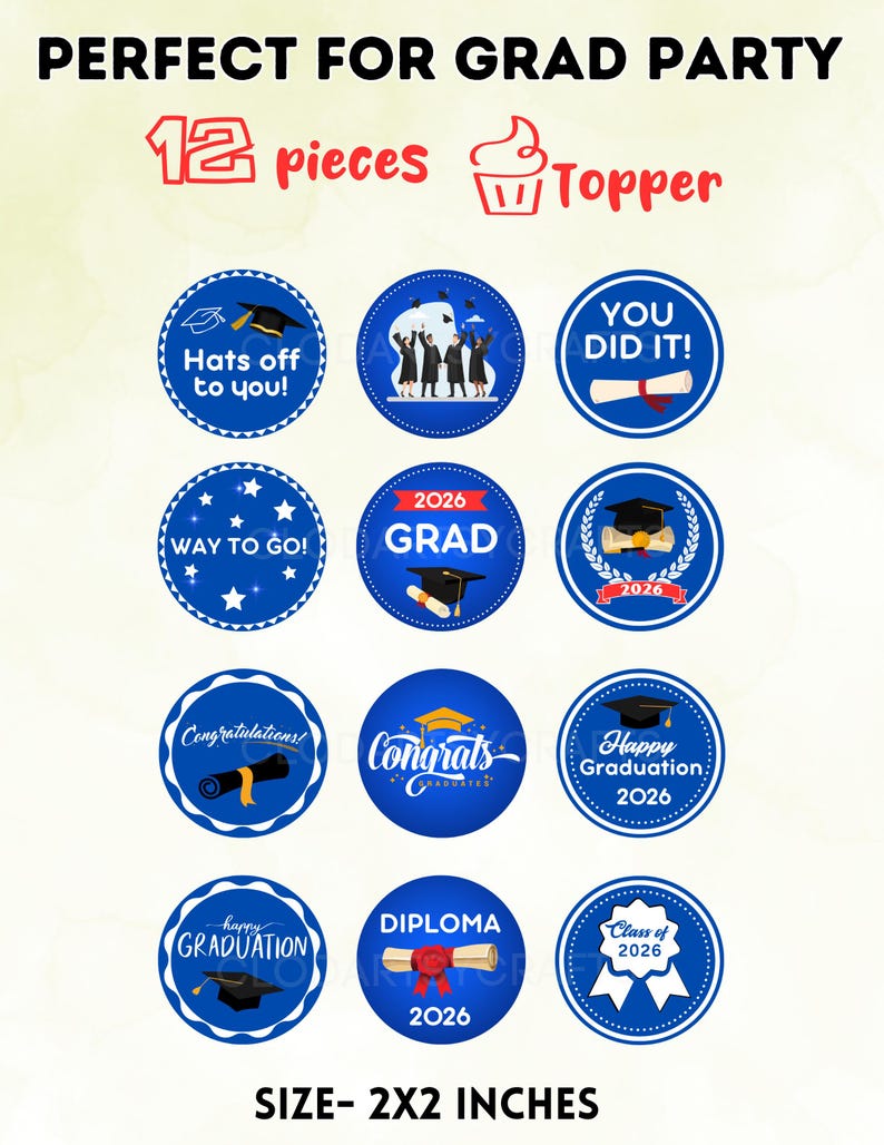Graduation Cupcake Topper 2026, Instant Download, 2x2 Inch Printable ...