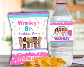 Etiqueta personalizable para bolsa de papas fritas y botella de agua de cumpleaños de Roblox (descarga digital)