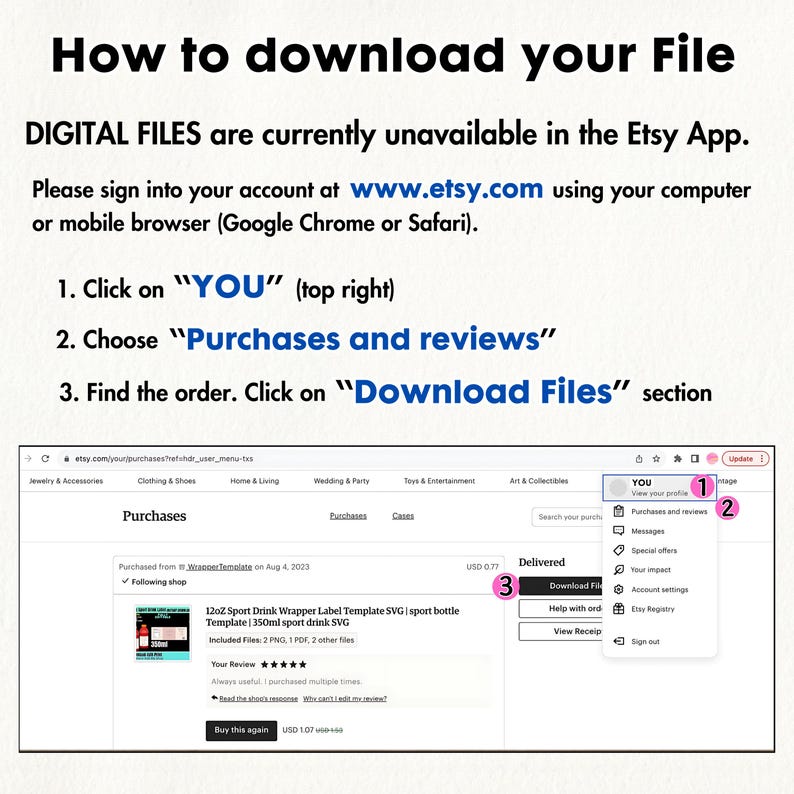 K&ouml;nnte beinhalten: Screenshot eines Computerbildschirms mit Anweisungen zum Herunterladen digitaler Dateien von Etsy.com. Die Anweisungen sind mit 1, 2 und 3 nummeriert. Der Bildschirm zeigt einen Teil der Etsy-Website mit den hervorgehobenen W&ouml;rtern "K&auml;ufe und Bewertungen" und "Dateien herunterladen".
