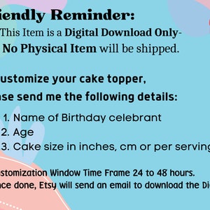 K&ouml;nnte beinhalten: Eine Grafik in Rosa, Blau und Wei&szlig; mit dem Text "Friendly Reminder: This Item is a Digital Download Only- No Physical Item will be shipped." und "To customize your cake topper, please send me the following details: 1. Name of Birthday celebrant 2. Age 3. Cake size in inches, cm or per serving Customization Window Time Frame 24 to 48 hours. Once done, Etsy will send an email to download the Digital File."