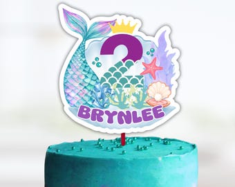Mermaid Cake Topper with Name & Age | Free Customization + Free Cupcake Toppers