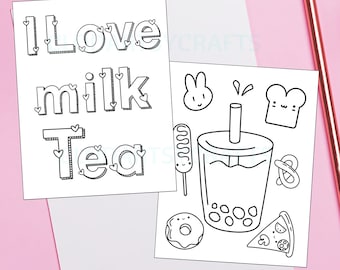 Dibujos para colorear de té con leche estilo kawaii: Actividad imprimible para niños (PDF)