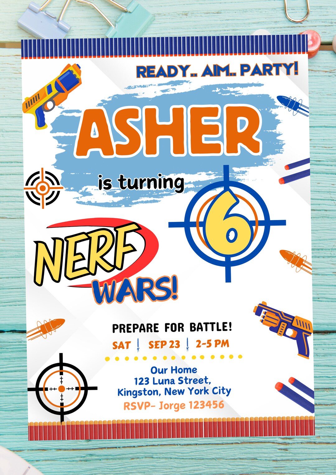 Nerf Birthday Invitation, Customized, Birthday Party Invitation ...