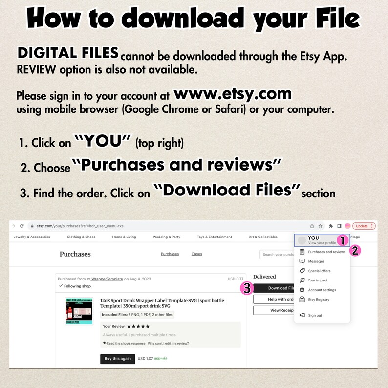 May include: Image showing instructions on how to download digital files from Etsy. The text guides users to sign in, click "YOU," then "Purchases and reviews," and finally, "Download Files." A screenshot of the Etsy website is included.
