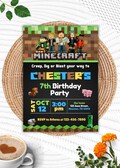Minecrafter Birthday Invitations, Customized, Birthday Party Invitation, Game Theme, Digital File, 5x7