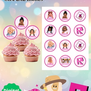 May include: A digital file featuring 12 Roblox cupcake toppers, each 2x2 inches. The toppers showcase various Roblox avatars and the Roblox logo, with a pink and white color scheme. The image also includes cupcakes with pink frosting.