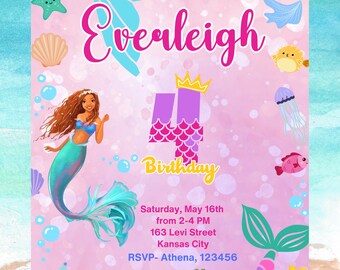 Mermaid Birthday Invitation, Little Mermaid, Customized, Printable Invitation, Digital Invite, 5x7