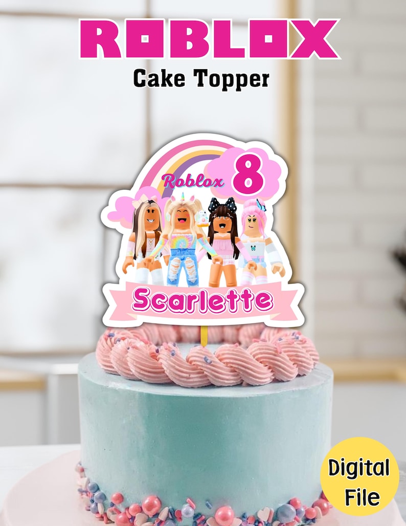 May include: A light blue cake with pink frosting and a Roblox cake topper. The topper features the Roblox logo, the number 8, and the name "Scarlette". The cake is decorated with colorful sprinkles and a "Digital File" label.