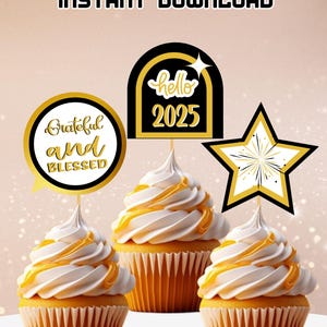 Decorazioni per cupcake di Capodanno, download immediato, decorazioni per cupcake 2025, stampabili, file digitale
