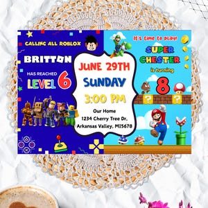 Sibling Invitation, Twins Invitation, Customized, Two Theme Invitation, Super Mario, Roblox, Digital File, Printable, 7x5