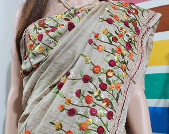 Sari in seta Parsi Tussar ricamato a mano: disegno floreale multicolore