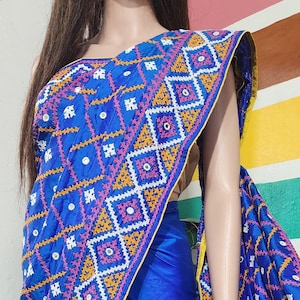 Blue Katan Silk Saree: Hand Embroidered Gujarati Stitch, Mirror Work