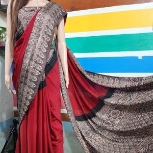 Ajrakh Modal silk saree with Zari Pallu, Pure Modal silk Ajrakh Hand block Printed Saree with Blouse piece, Partywear Ajrak Modal Silk Saree