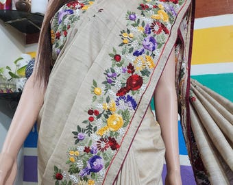 Sari in seta Tussar ricamato a mano: punto nodo Parsi Bullion, beige