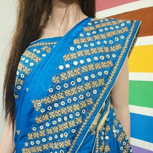 Sky Blue Bangalore Silk Saree: Gujarati Hand Embroidery Mirror Work
