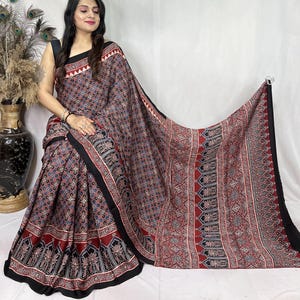 Designer Ajrakh Modal Silk Saree, Pure Modal Silk Ajrakh Hand block Printed Saree with Blouse piece, Shibori Ajrak Modal Silk Saree, Mustard
