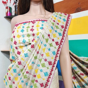 Hand-Embroidered Tussar Silk Saree: Gujarati Stitch with Mirror Work