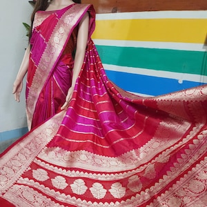 Saree in seta Banarasi Katan realizzato a mano: lavoro Zari ispirato a Rangat