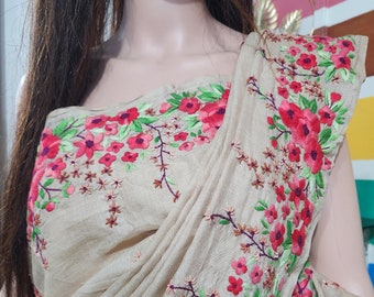 Beige Tussar Silk Saree: Hand Embroidered Parsi Gara Floral Design