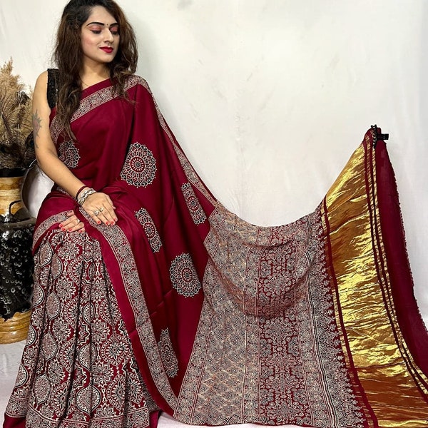 Ajrakh Modal silk saree with Zari Pallu, Pure Modal silk Ajrakh Hand block Printed Saree with Blouse piece, Partywear Ajrak Modal Silk Saree