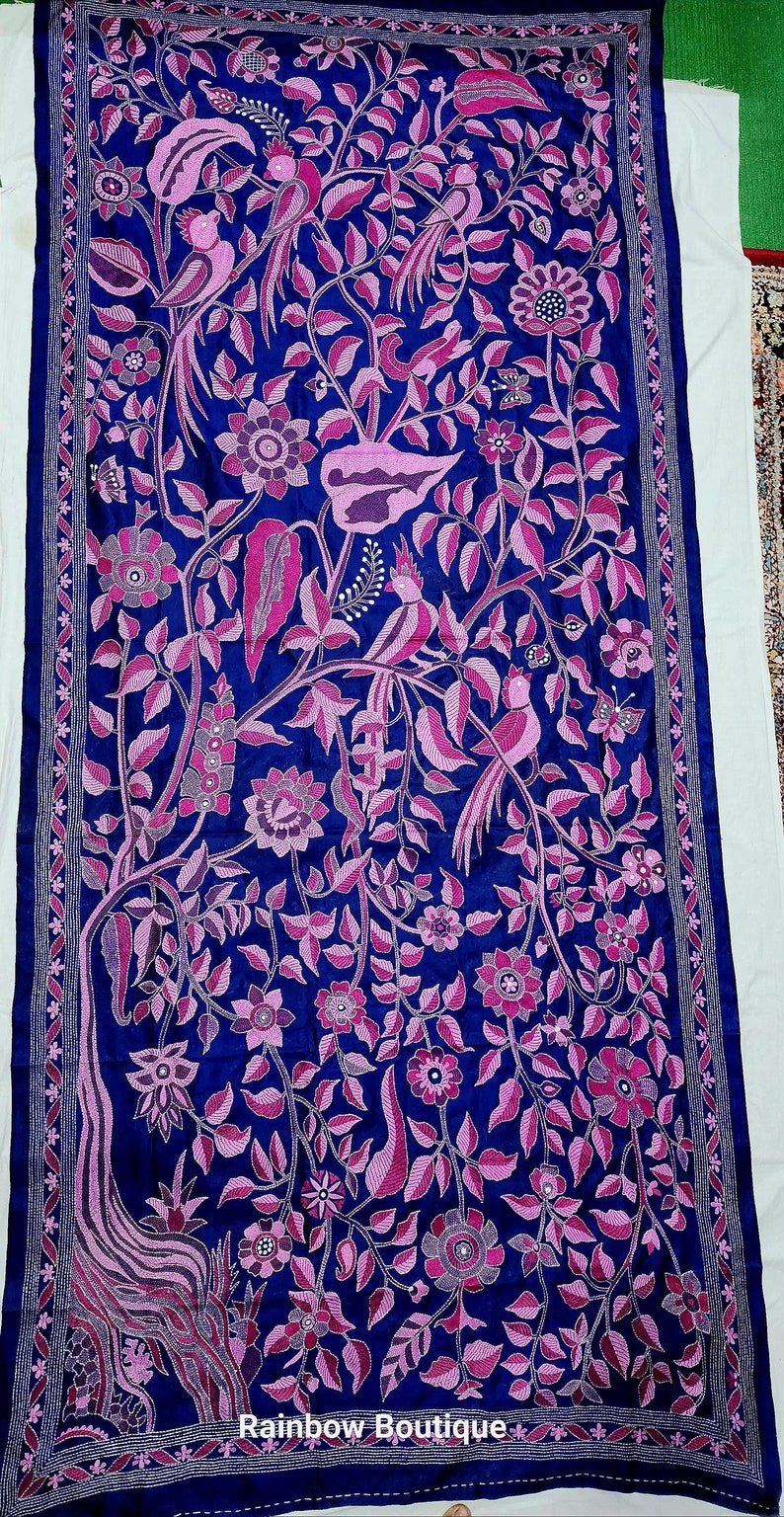 Parrot Motif Kantha Hand Embroidery Dupatta on Pure Silk, Exclusive