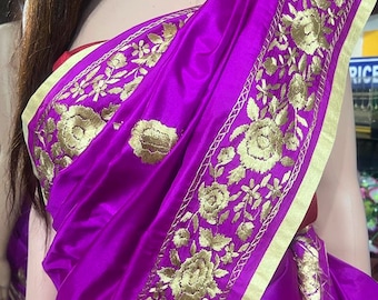 Rani Pink Bangalore Silk Saree: Hand Embroidered Parsi Stitch
