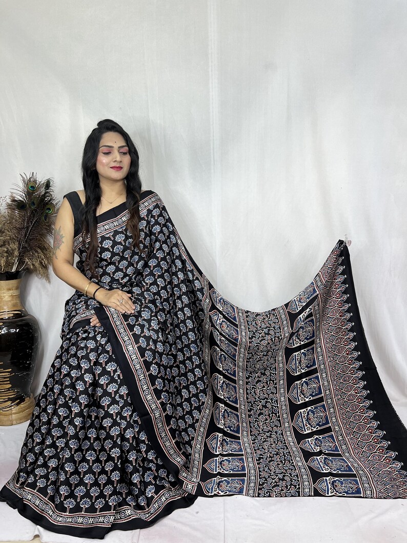 Women's Designer Party Wear Aajrkh Modal Silk Vegetable Hand Block Printed Saree main image 1